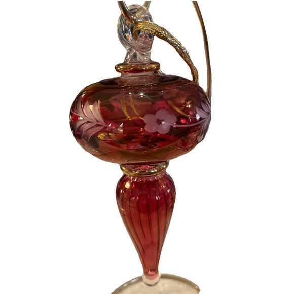 Vtg Art Glass Handblown Finial Cranberry Gold Etched Flowers Christmas Ornament